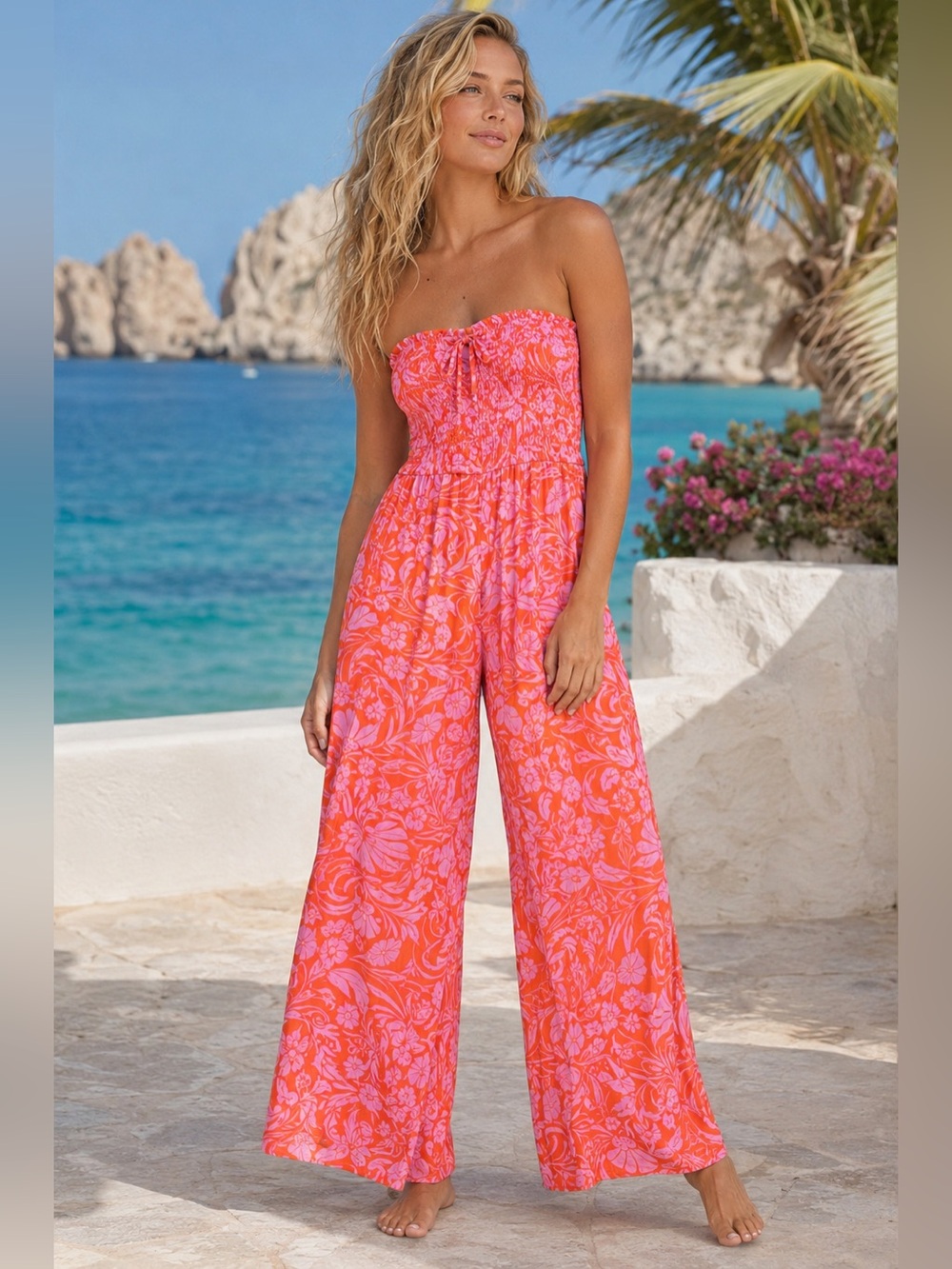 Aakaa Strapless Tropical Wide Leg Jumpsuit Pink Orange Floral Size L